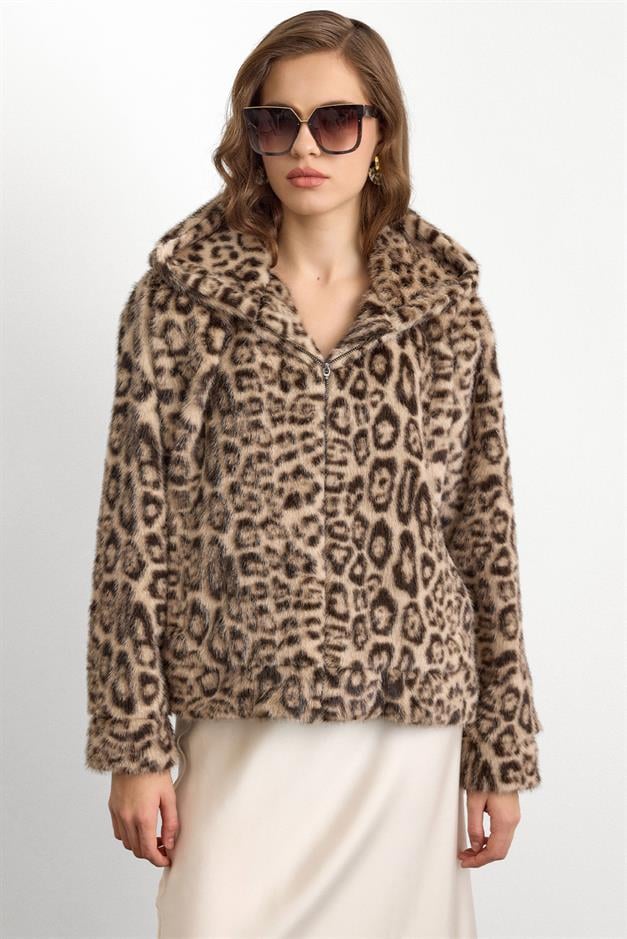 Kapüşonlu Leopar Desenli Suni Kürk Ceket BEJ 1015