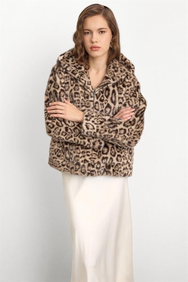Kapüşonlu Leopar Desenli Suni Kürk Ceket BEJ 1015