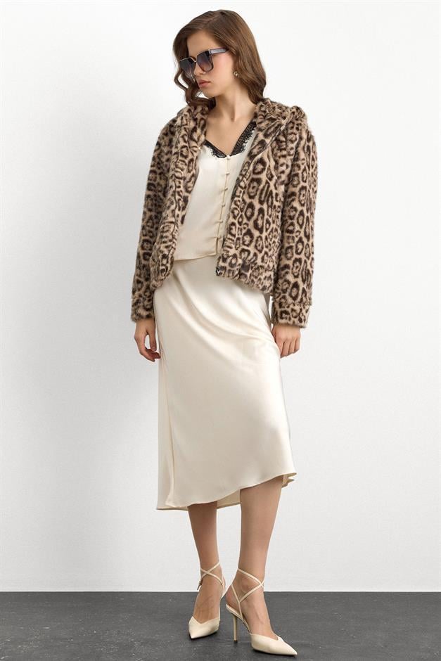 Kapüşonlu Leopar Desenli Suni Kürk Ceket BEJ 1015