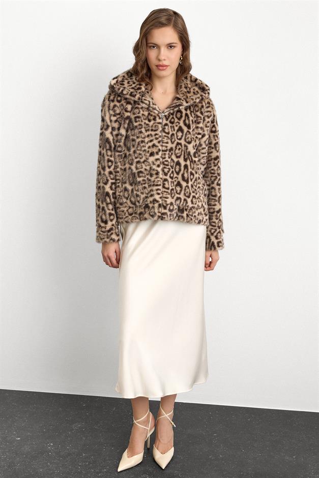 Kapüşonlu Leopar Desenli Suni Kürk Ceket BEJ 1015