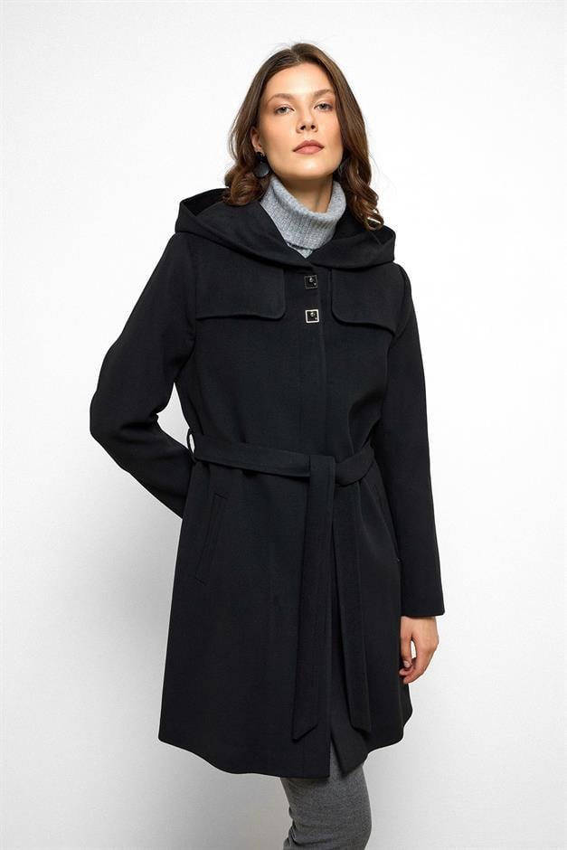 معطف بغطاء رأس وتفاصيل عباءة أسود 3109