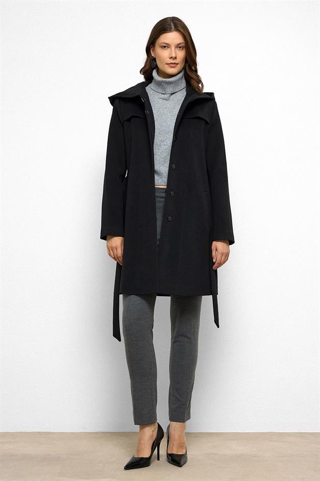 معطف بغطاء رأس وتفاصيل عباءة أسود 3109