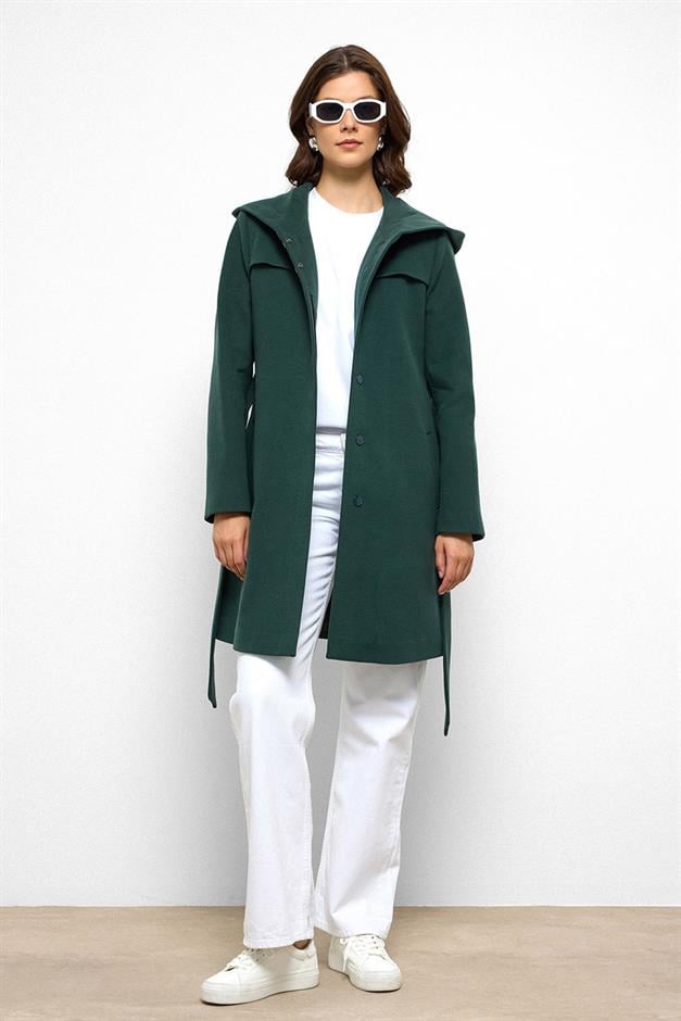 معطف بغطاء رأس وتفاصيل عباءة أخضر 3109