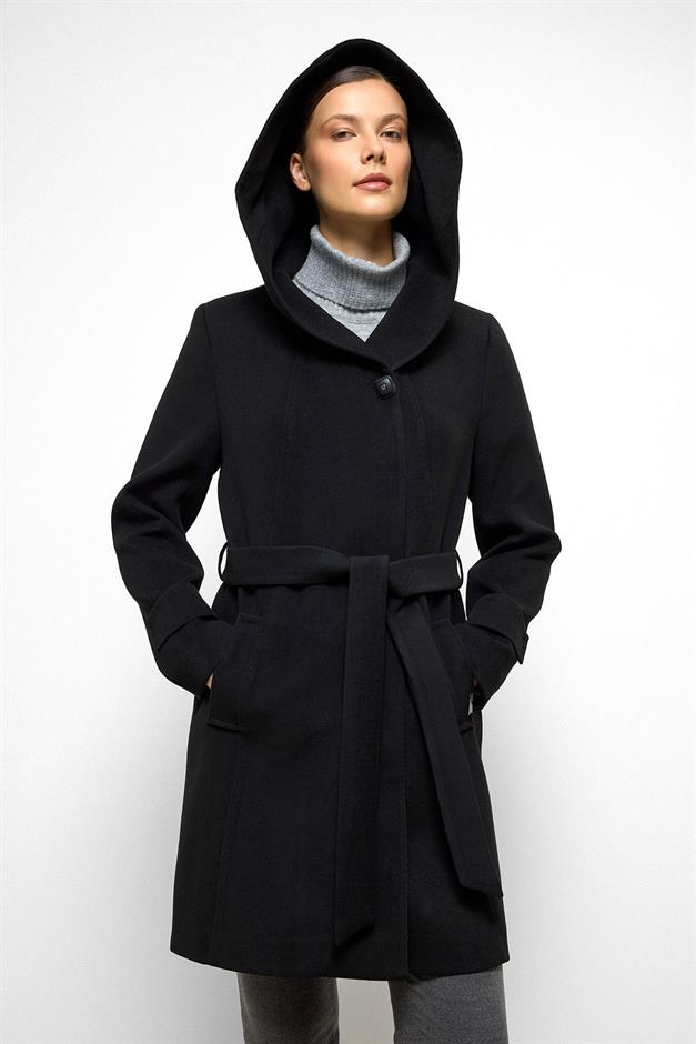 معطف بغطاء رأس مع تفاصيل غرزة منقطة أسود 3102