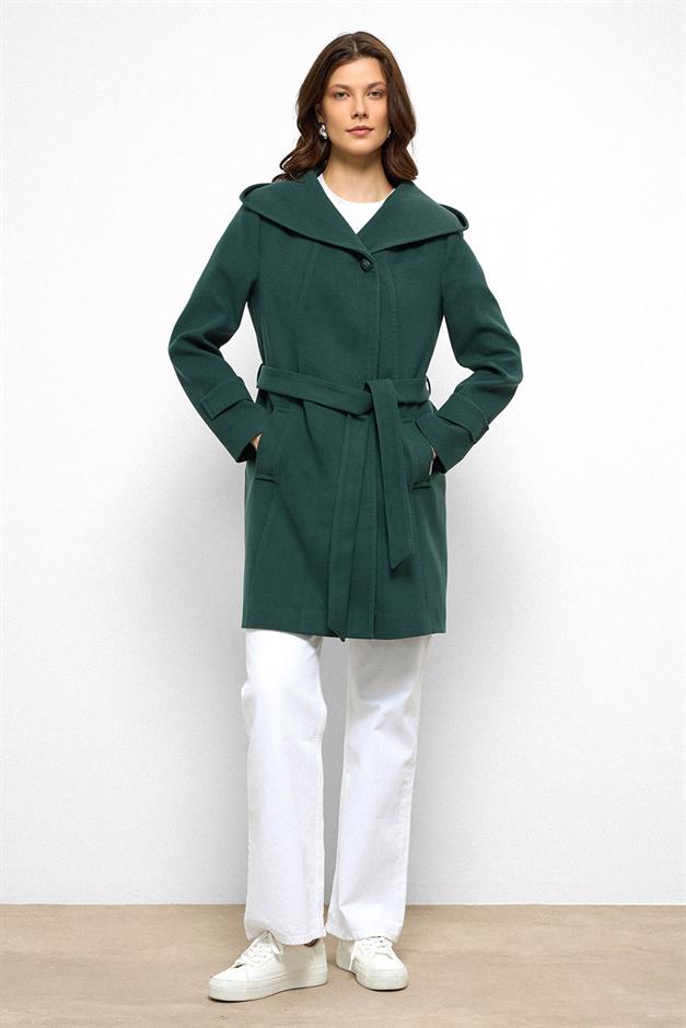 معطف بغطاء رأس مع تفاصيل غرزة منقطة أخضر 3102