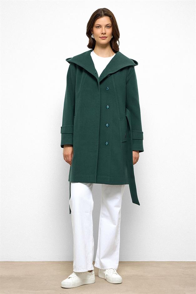 معطف بغطاء رأس مع تفاصيل غرزة منقطة أخضر 3102