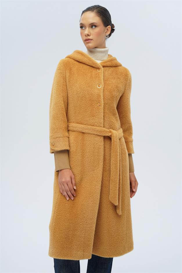 معطف قطيفة بغطاء رأس وتفاصيل مضلعة كامل 3118