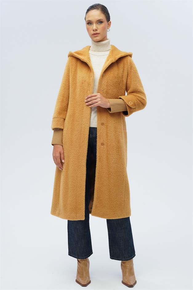 معطف قطيفة بغطاء رأس وتفاصيل مضلعة كامل 3118