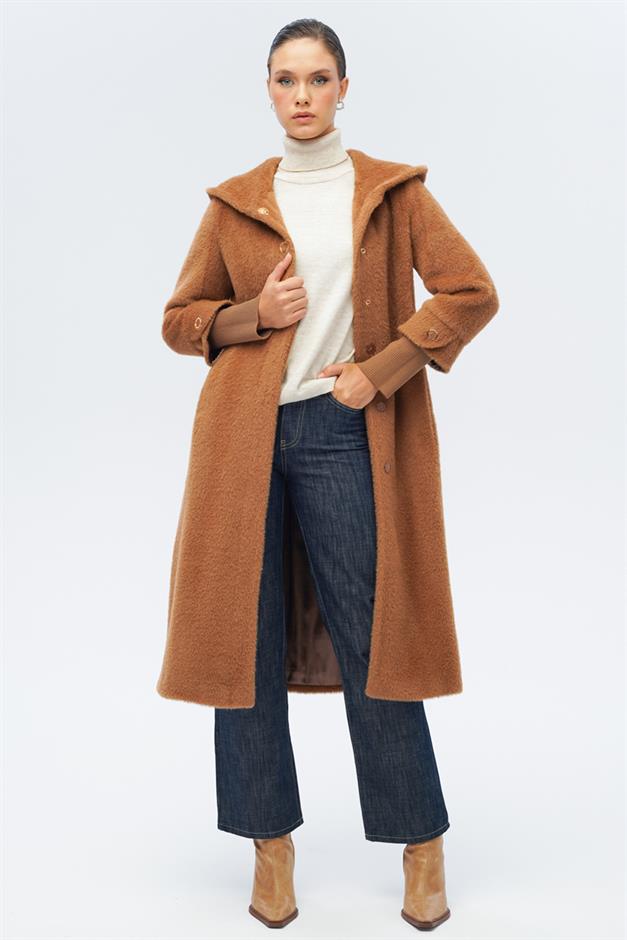 معطف قطيفة بغطاء رأس وتفاصيل مضلعة التبغ 3118