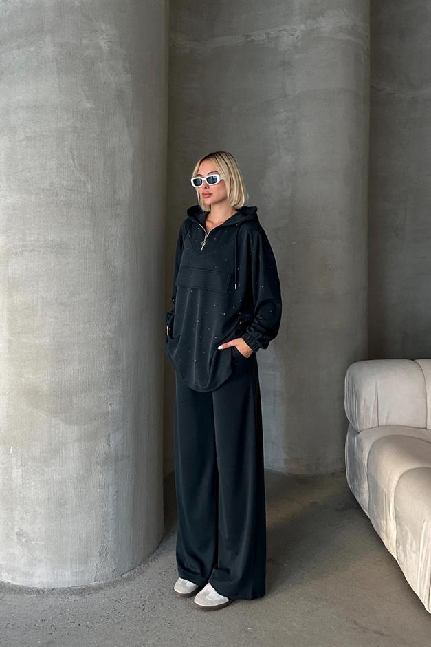 Kapüşonlu Taş Bezeli Premium Kumaş Sweat Pantolon Takım FÜME 7984-TK