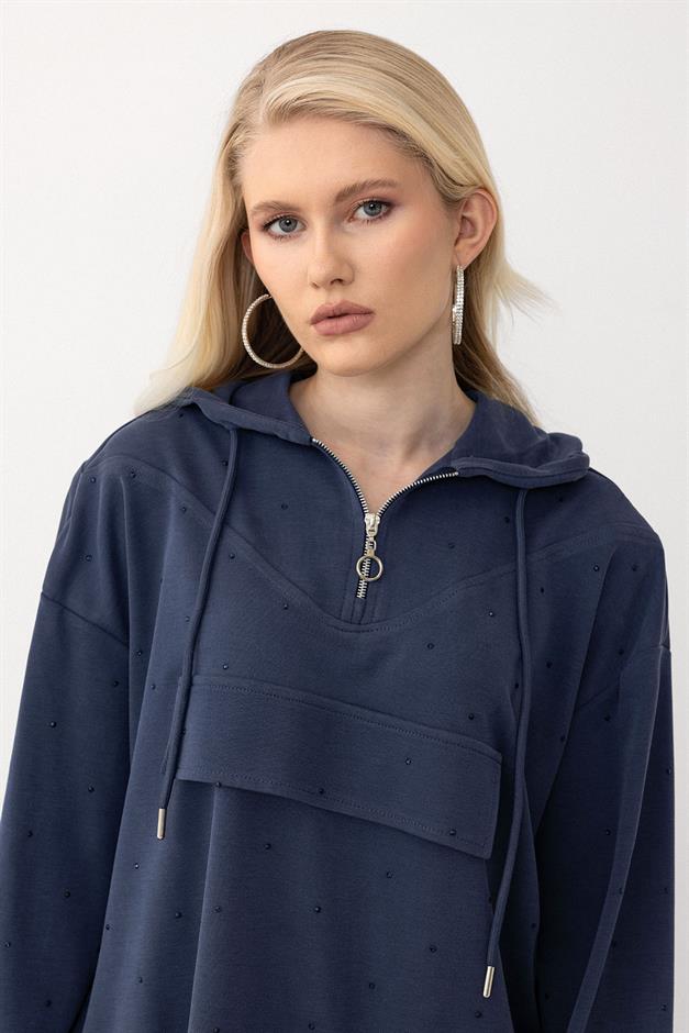 Kapüşonlu Taş Bezeli Premium Kumaş Sweat Pantolon Takım İNDİGO 7984-TK