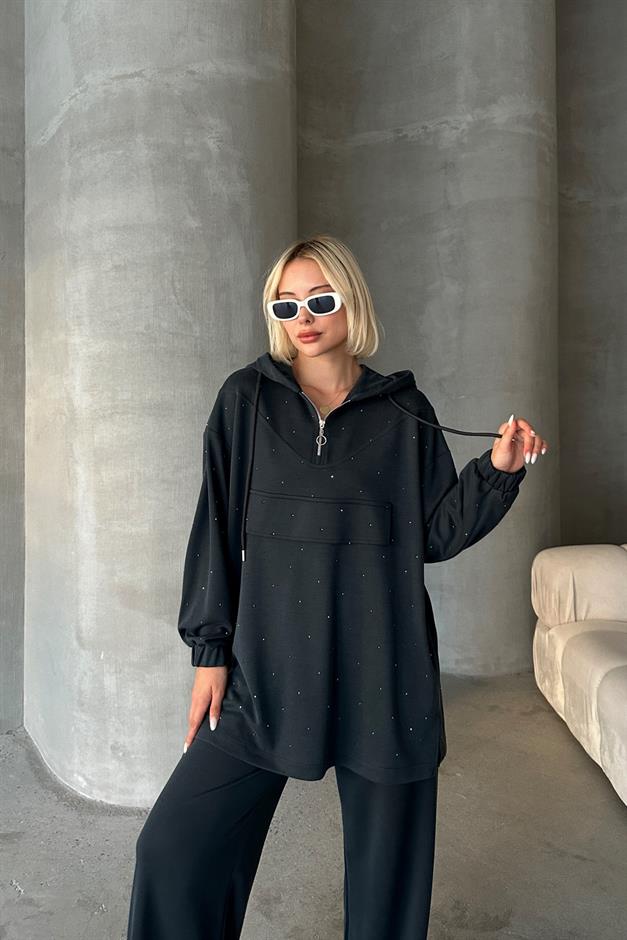 Kapüşonlu Taş Bezeli Premium Kumaş Sweat Pantolon Takım FÜME 7984-TK