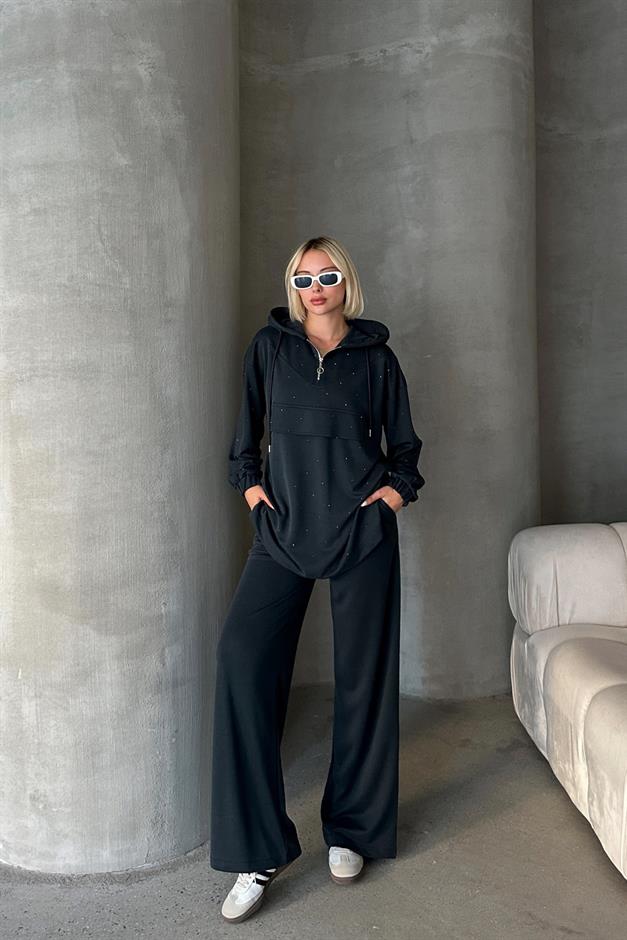 Kapüşonlu Taş Bezeli Premium Kumaş Sweat Pantolon Takım FÜME 7984-TK