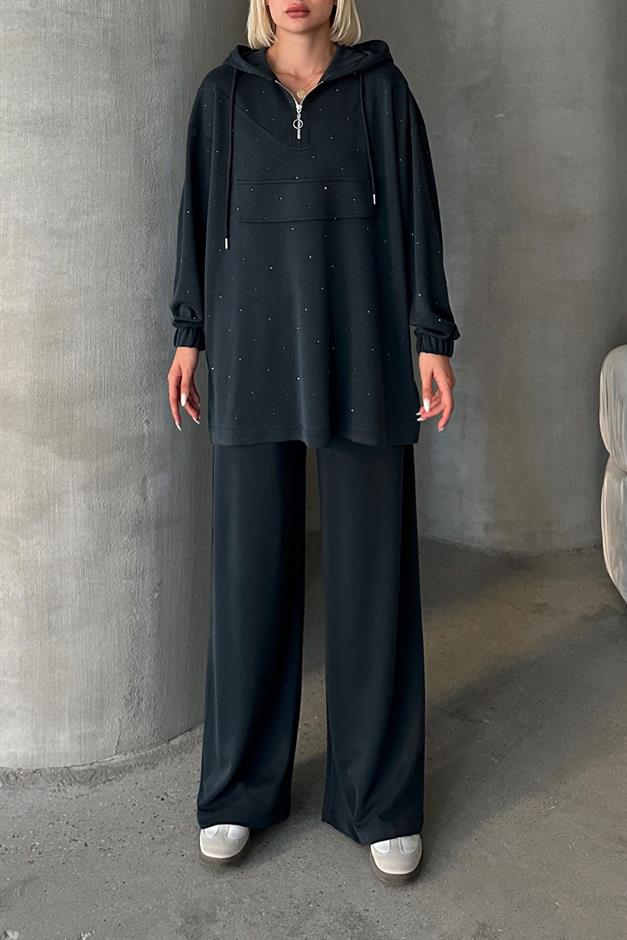 Kapüşonlu Taş Bezeli Premium Kumaş Sweat Pantolon Takım FÜME 7984-TK