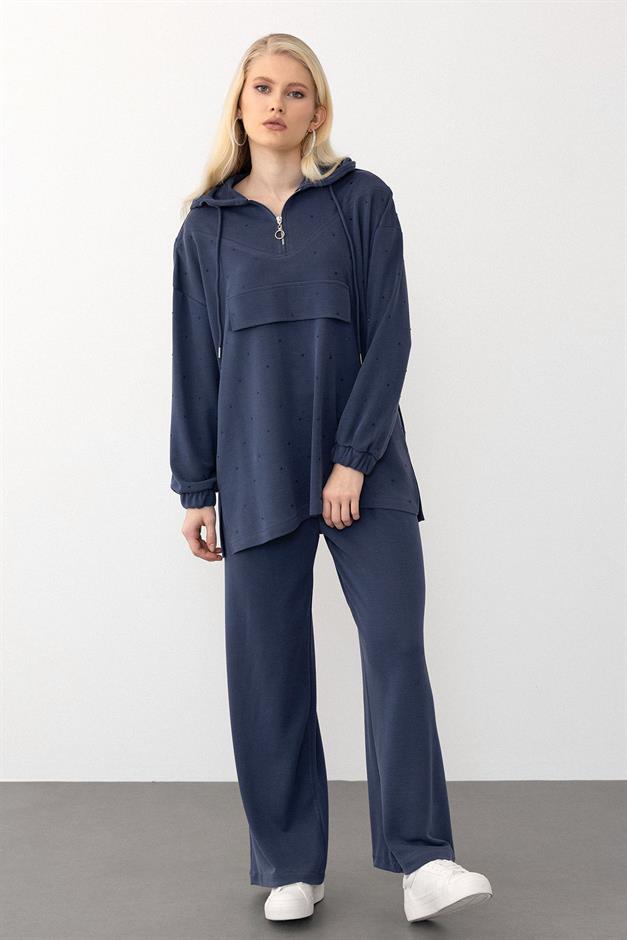 Kapüşonlu Taş Bezeli Premium Kumaş Sweat Pantolon Takım İNDİGO 7984-TK