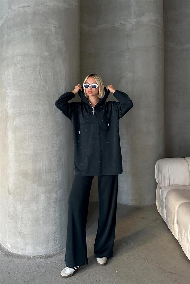 Kapüşonlu Taş Bezeli Premium Kumaş Sweat Pantolon Takım FÜME 7984-TK