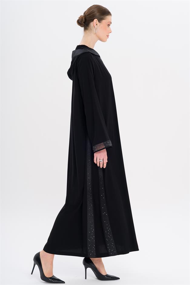 Hooded Abaya with Stoned Tulle Details BLACK 6738