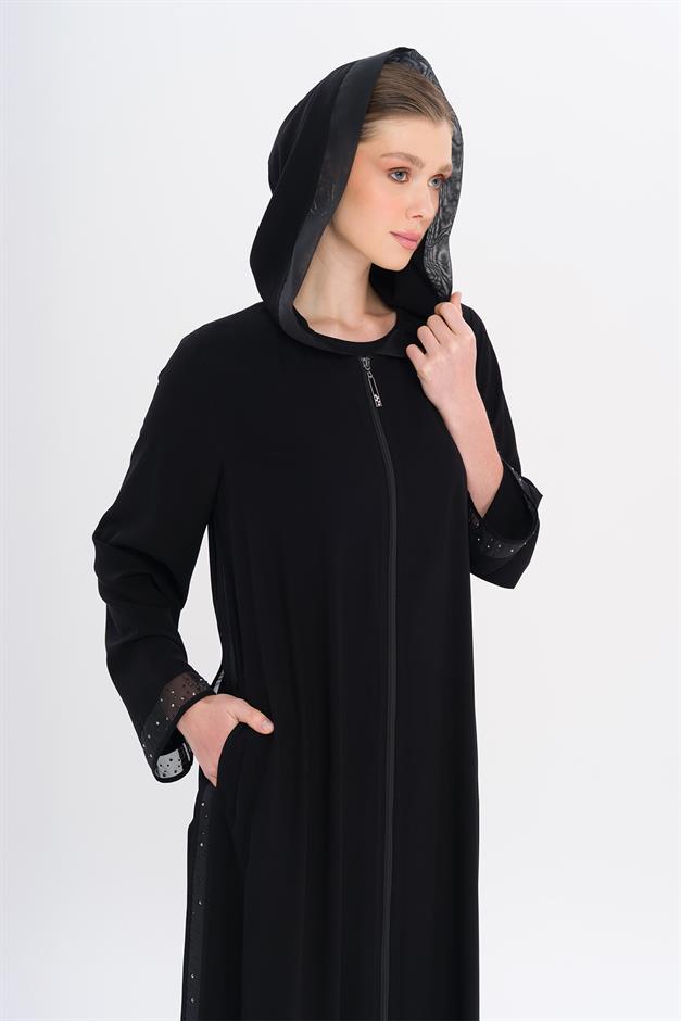 Hooded Abaya with Stoned Tulle Details BLACK 6738