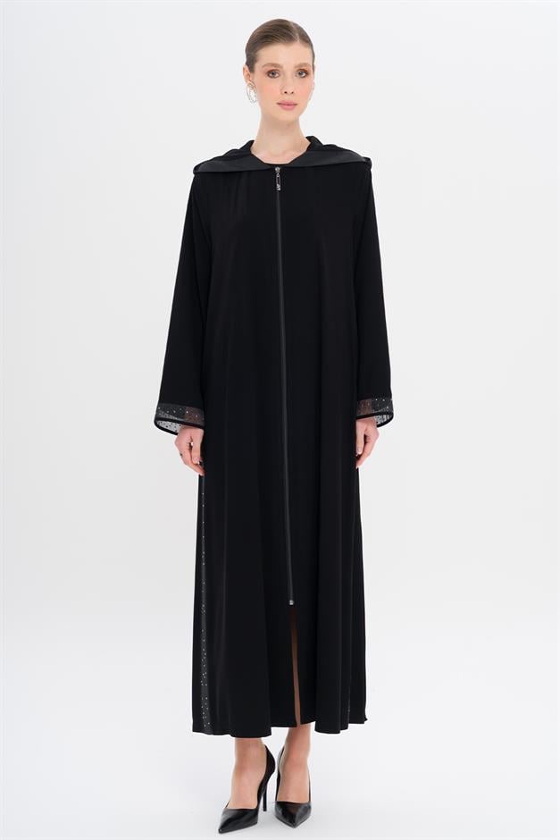 Hooded Abaya with Stoned Tulle Details BLACK 6738
