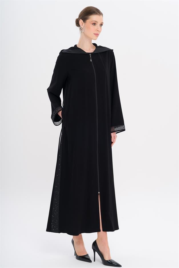 Hooded Abaya with Stoned Tulle Details BLACK 6738