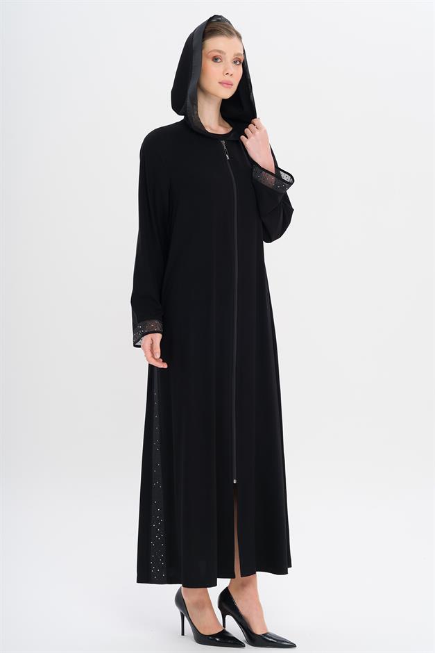 Hooded Abaya with Stoned Tulle Details BLACK 6738