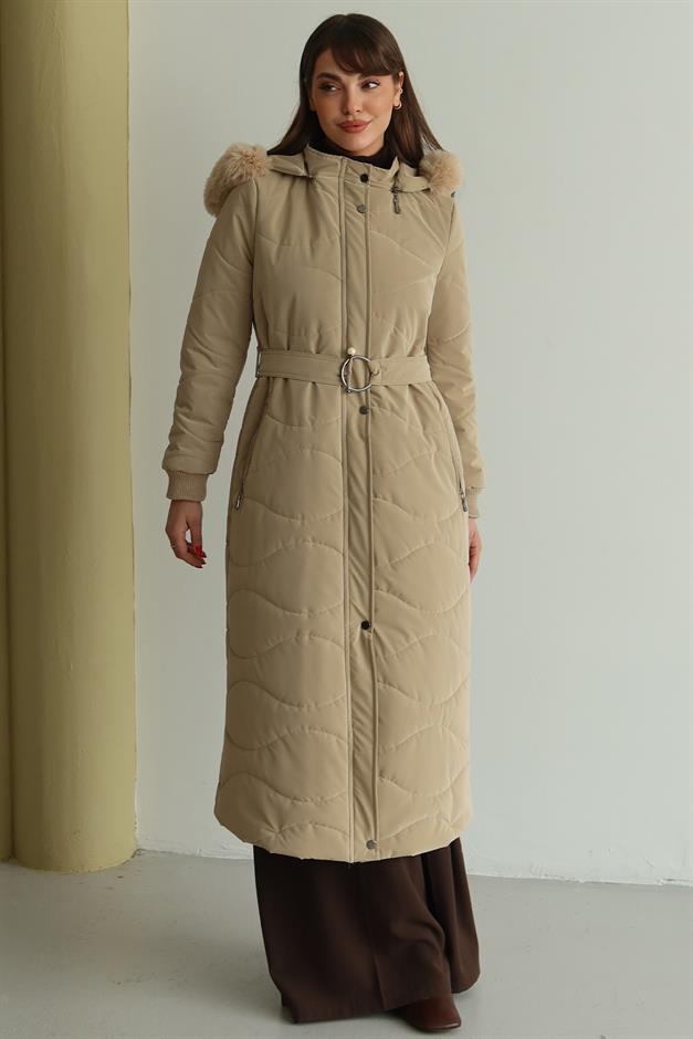 Kapüşonu Çıkabilir Kürklü Fermuarlı Uzun Kapitone Mont BEJ 6802