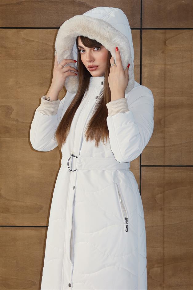 Kapüşonu Çıkabilir Kürklü Fermuarlı Uzun Kapitone Mont EKRU 6802