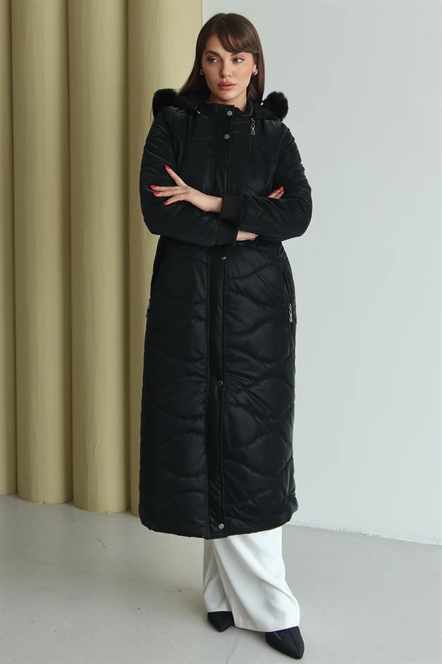 Kapüşonu Çıkabilir Kürklü Fermuarlı Uzun Kapitone Mont SİYAH 6802