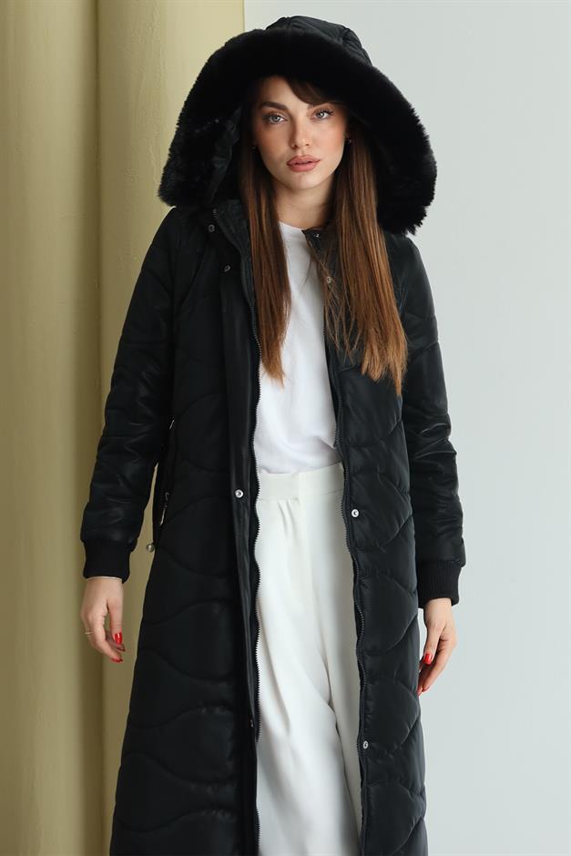 Kapüşonu Çıkabilir Kürklü Fermuarlı Uzun Kapitone Mont SİYAH 6802
