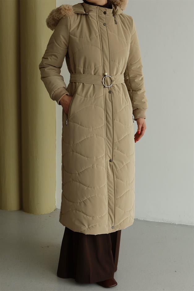 Kapüşonu Çıkabilir Kürklü Fermuarlı Uzun Kapitone Mont BEJ 6802
