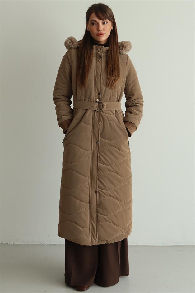 Kapüşonu Çıkabilir Kürklü Fermuarlı Uzun Kapitone Mont S.KAHVE 6802