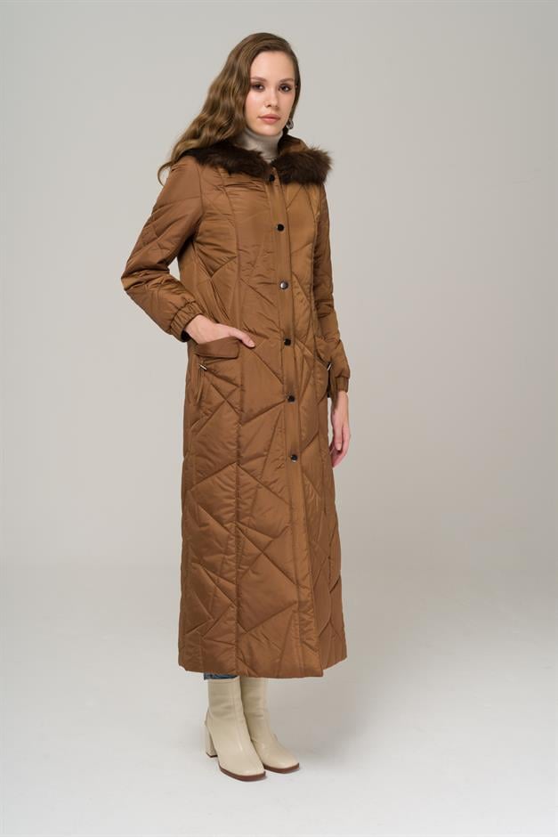 Quilted Coat with Fur Hood and Snap Closure CAMEL 6522