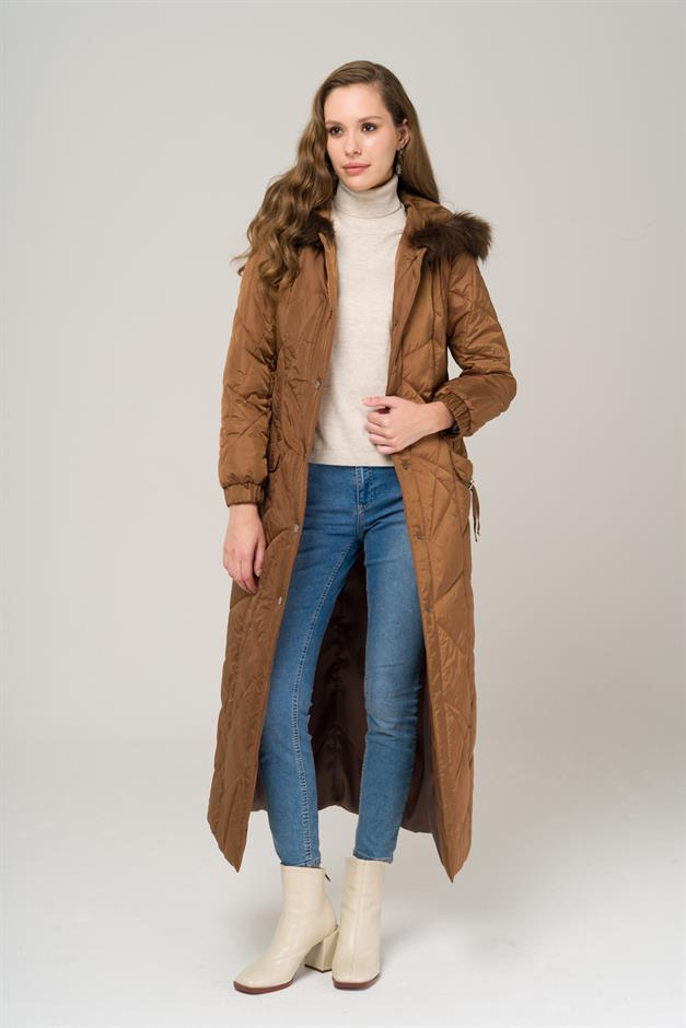 Quilted Coat with Fur Hood and Snap Closure CAMEL 6522