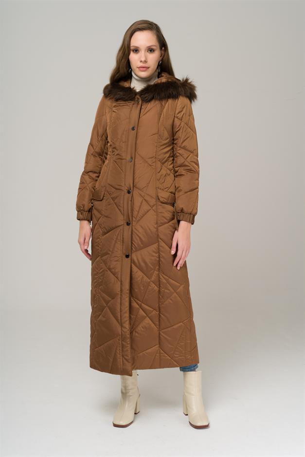 Quilted Coat with Fur Hood and Snap Closure CAMEL 6522