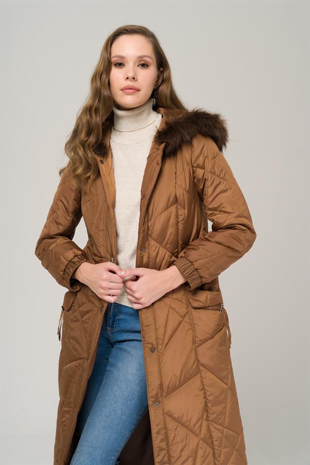 Quilted Coat with Fur Hood and Snap Closure CAMEL 6522