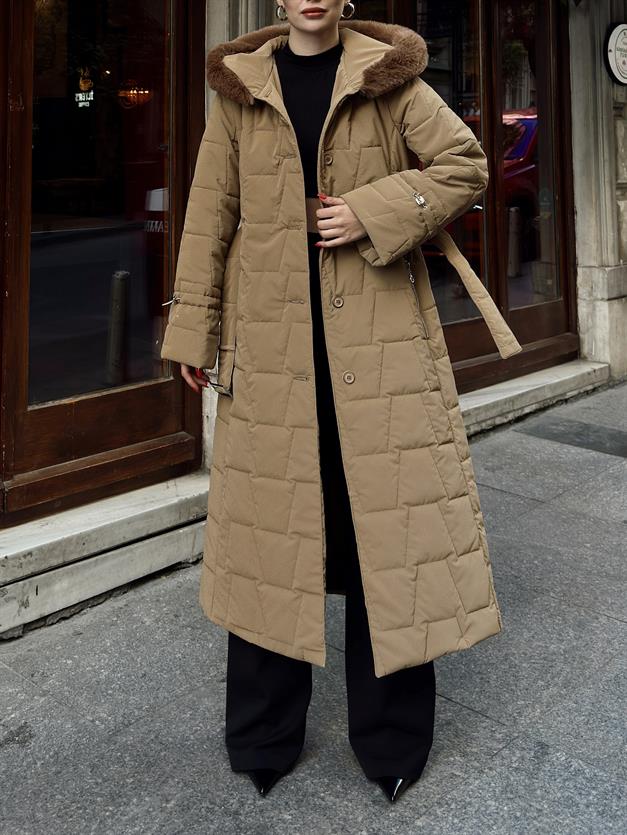 معطف طويل بغطاء رأس من الفرو ونقشة مبطنة كامل 6635