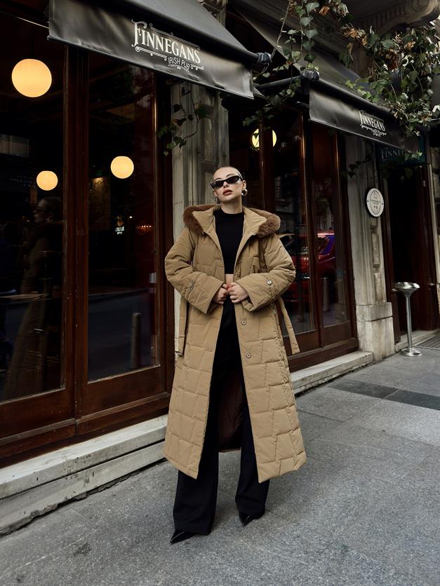 معطف طويل بغطاء رأس من الفرو ونقشة مبطنة كامل 6635