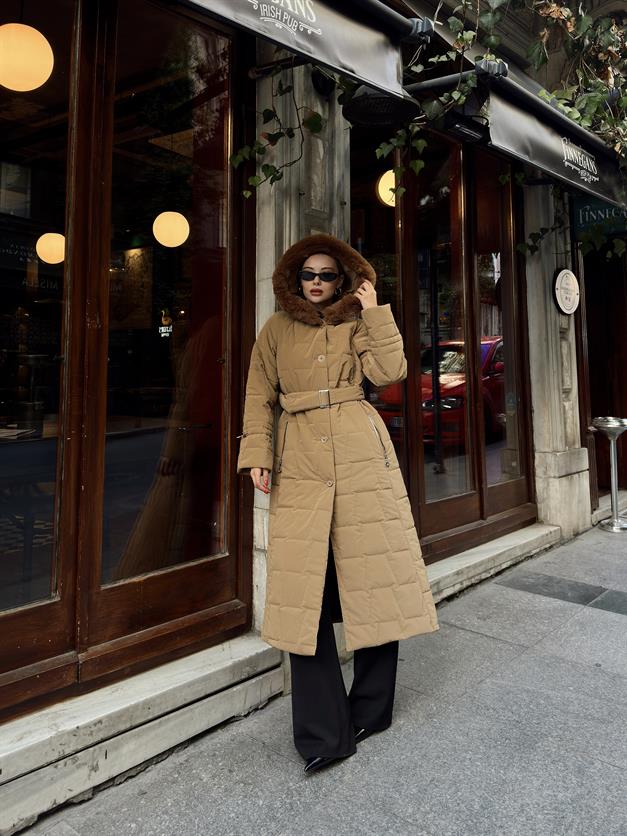 معطف طويل بغطاء رأس من الفرو ونقشة مبطنة كامل 6635