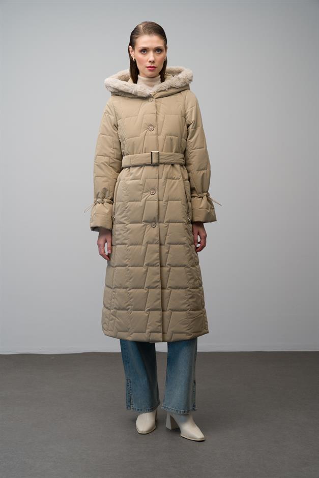 معطف طويل بغطاء رأس من الفرو ونقشة مبطنة يفعل 6635