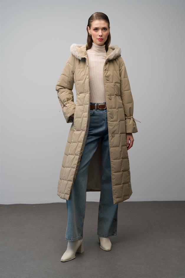 معطف طويل بغطاء رأس من الفرو ونقشة مبطنة يفعل 6635