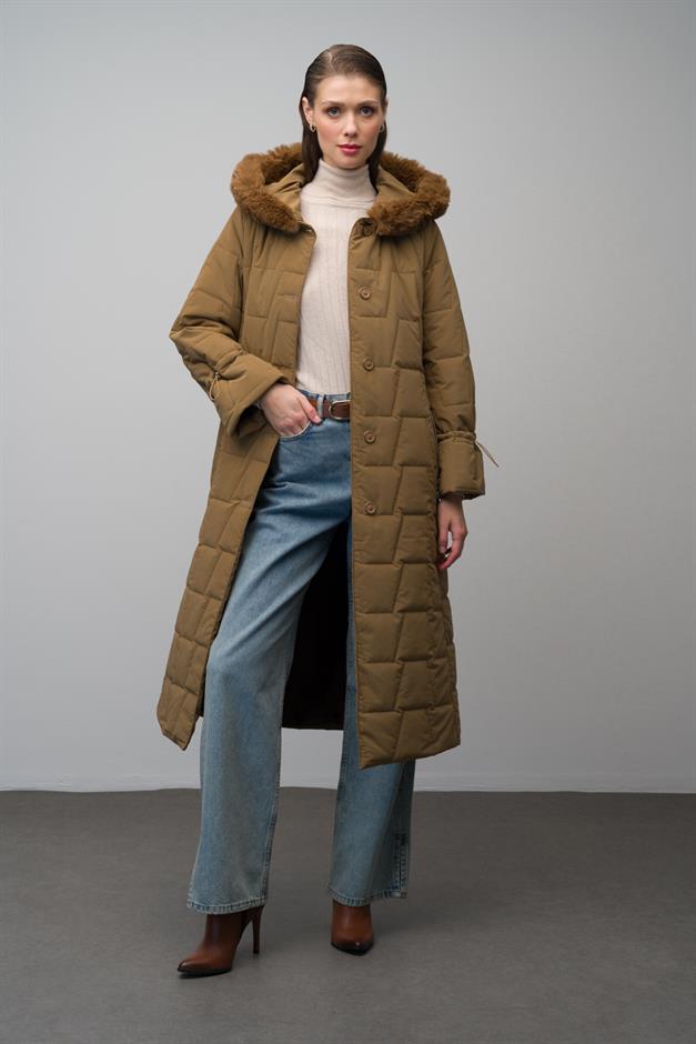 معطف طويل بغطاء رأس من الفرو ونقشة مبطنة كامل 6635