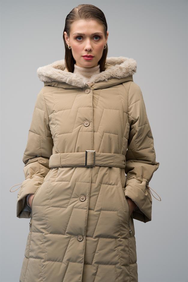 معطف طويل بغطاء رأس من الفرو ونقشة مبطنة يفعل 6635