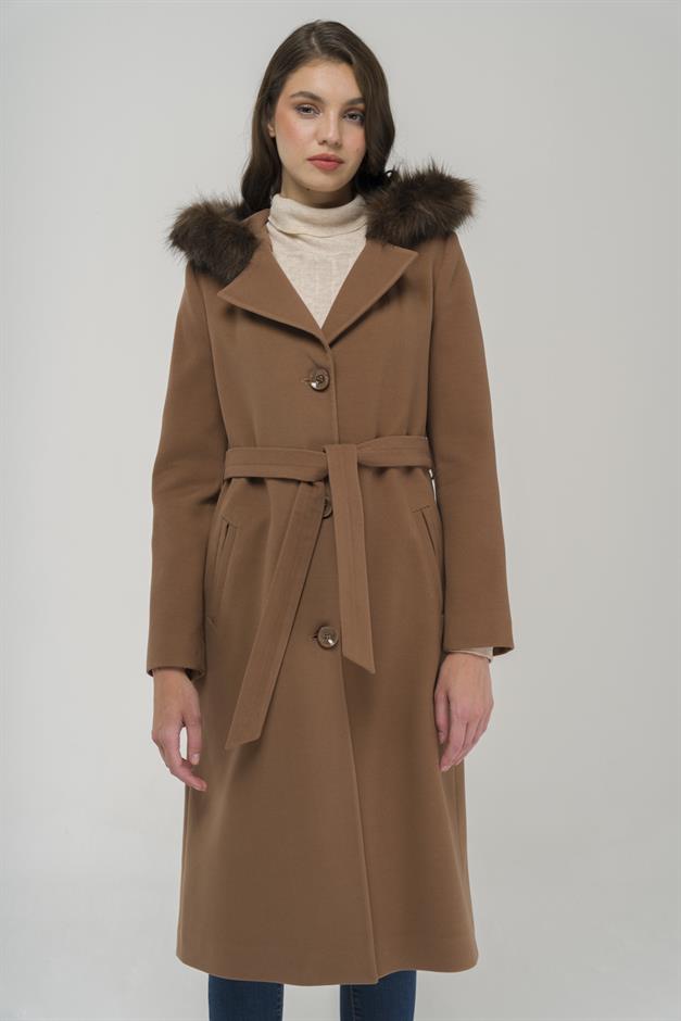 Double-breasted Mid-Length Coat with Fur Hood CAMEL 3922