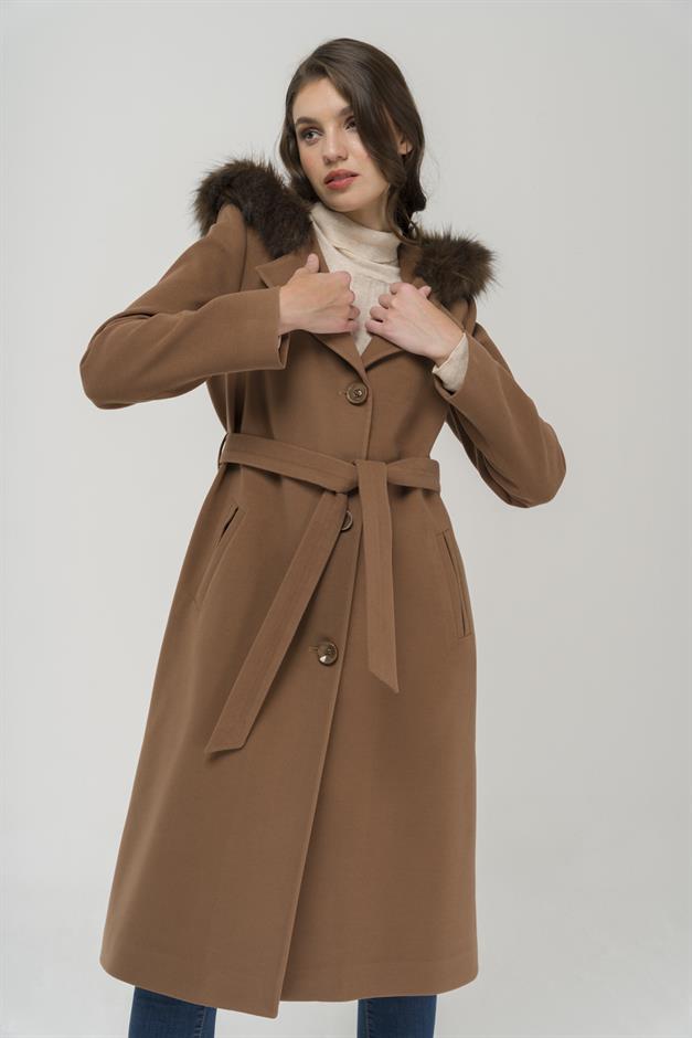 Double-breasted Mid-Length Coat with Fur Hood CAMEL 3922