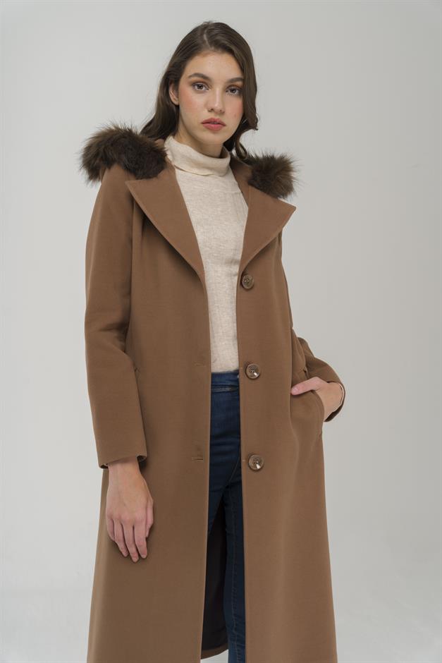 Double-breasted Mid-Length Coat with Fur Hood CAMEL 3922