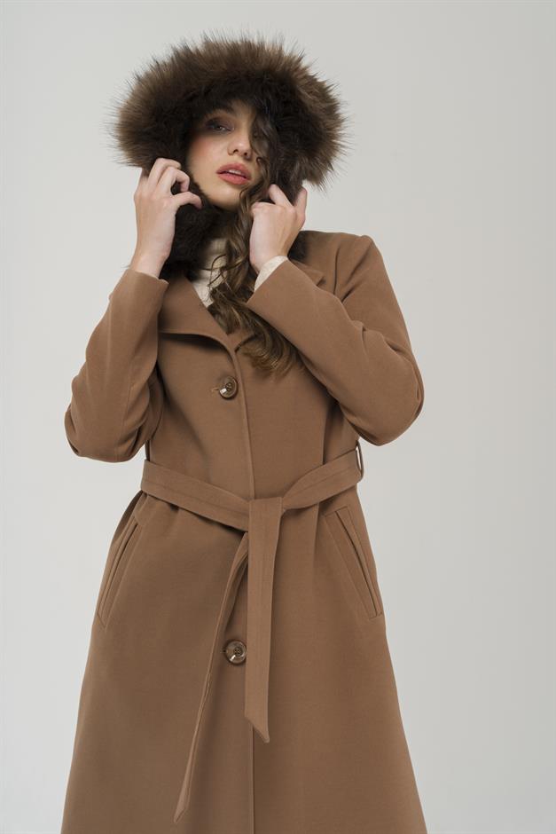 Double-breasted Mid-Length Coat with Fur Hood CAMEL 3922