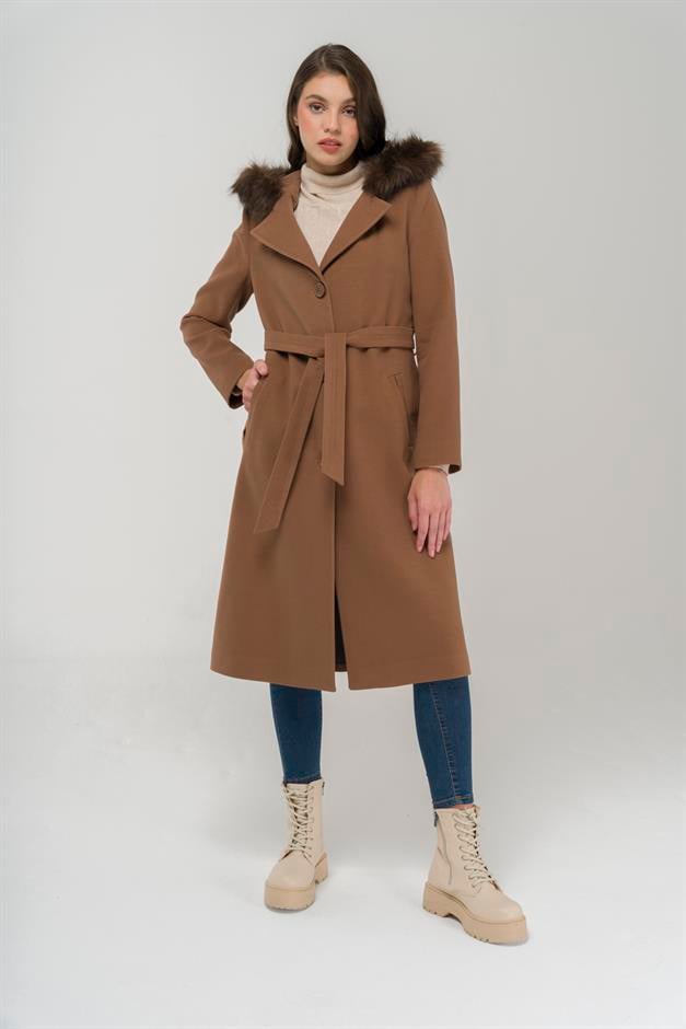 Double-breasted Mid-Length Coat with Fur Hood CAMEL 3922
