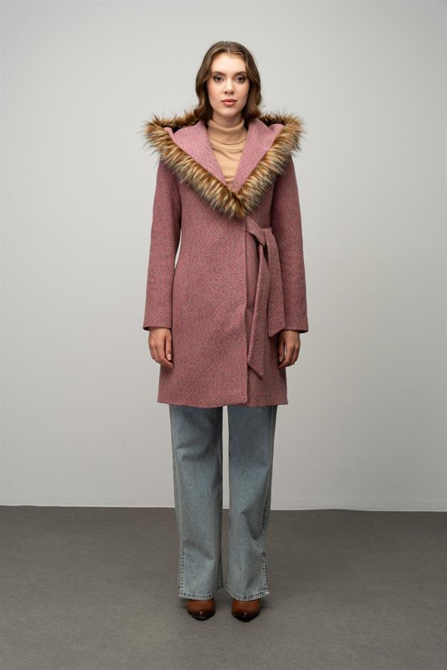 Herringbone Coat with Fur Hood and Belt Detail Fuchsia 3044
