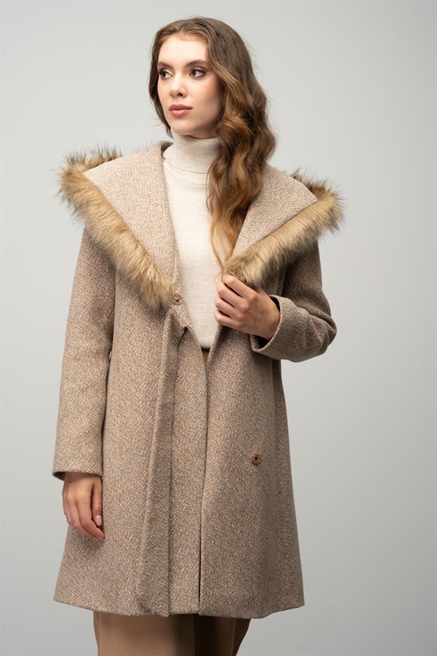 Herringbone Coat with Fur Hood and Belt Detail IVORY 3044