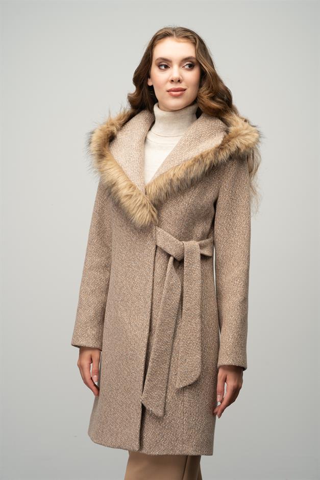 Herringbone Coat with Fur Hood and Belt Detail IVORY 3044